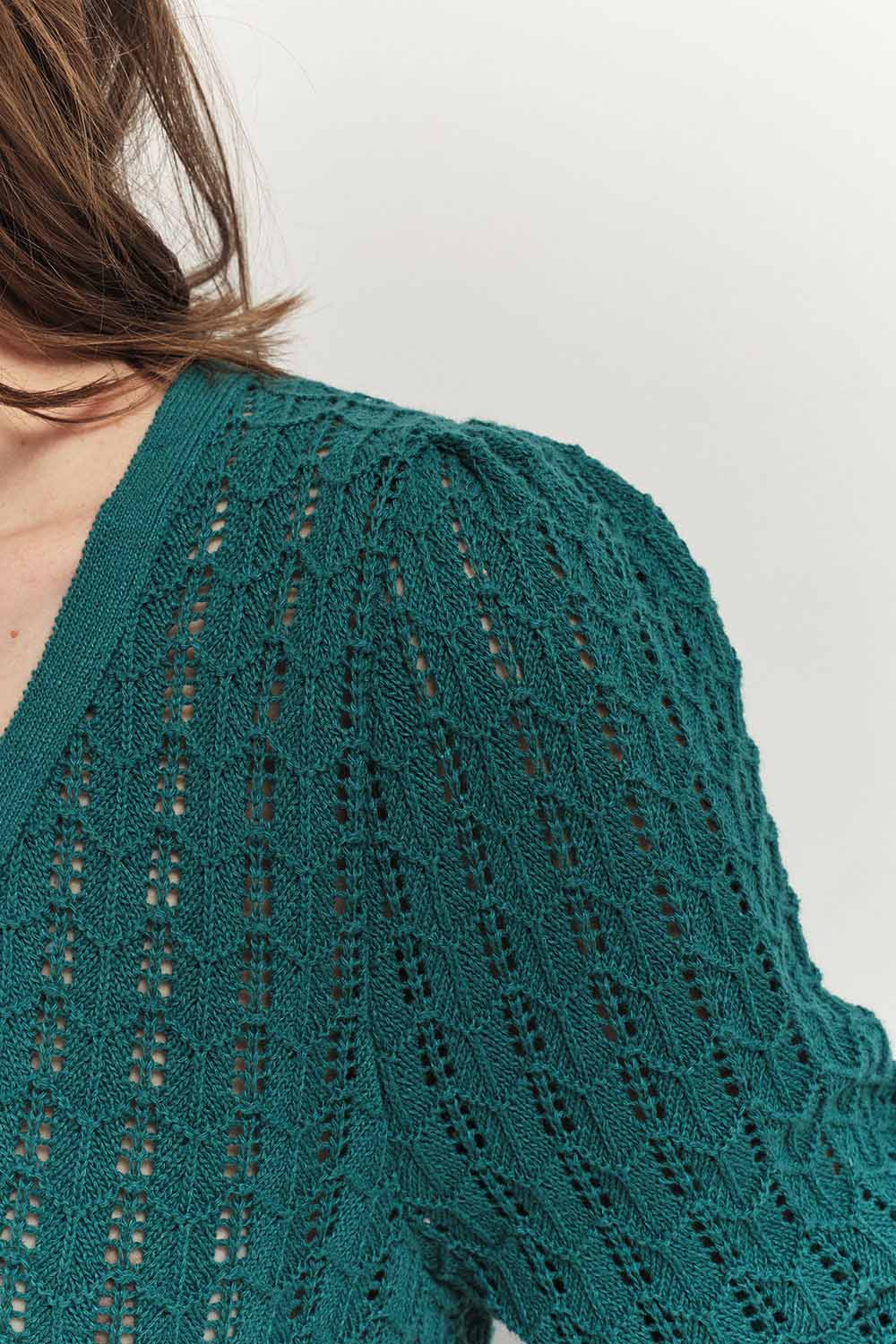 TARRY - Cardigan réversible vert cèdre tricot ajouré