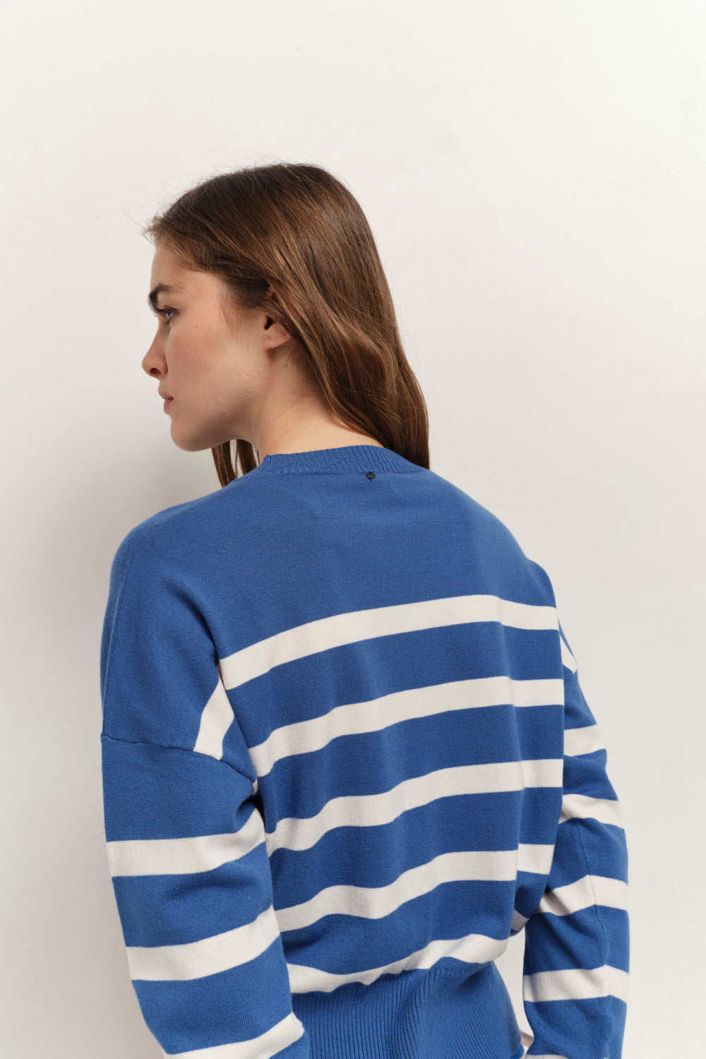TIANA - Pull santorin blue tricot à motif rayures broderie danseuse