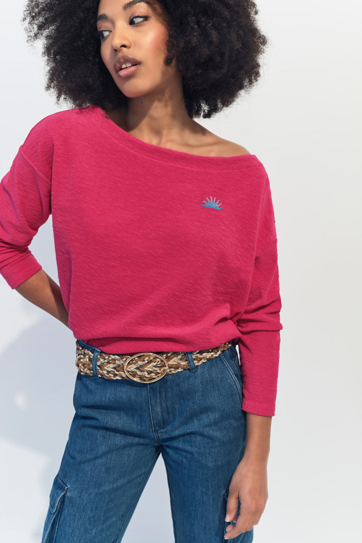 MALOU - T-shirt rose éponge  broderie soleil