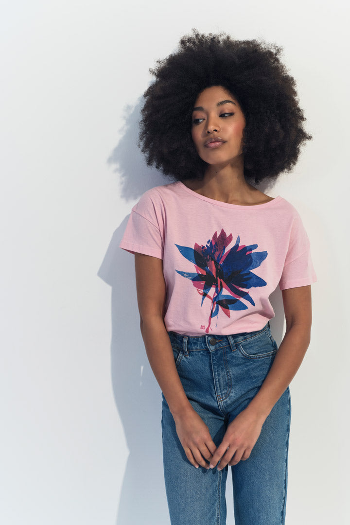 MAURO - T-shirt rose visuel fleur arty