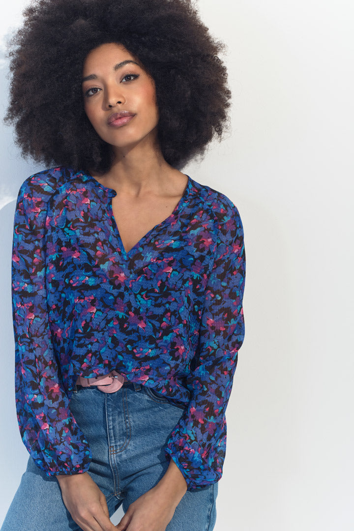 CIARA - Blouse bleue imprimé floral aquatique