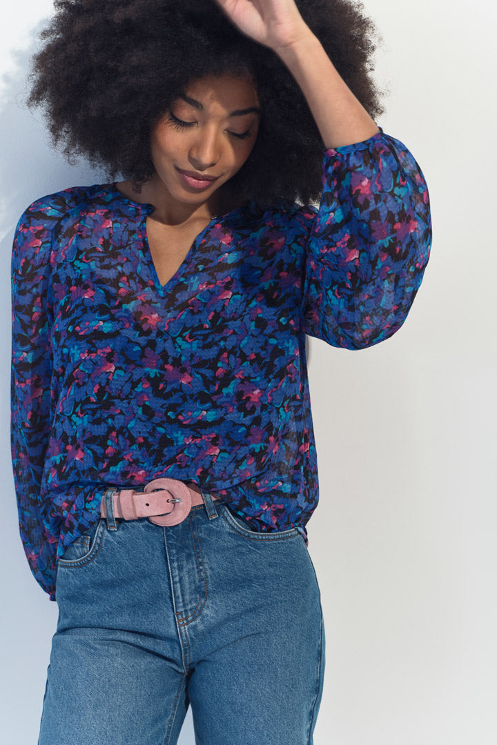 CIARA - Blouse bleue imprimé floral aquatique