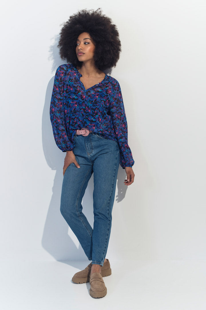 CIARA - Blouse bleue imprimé floral aquatique