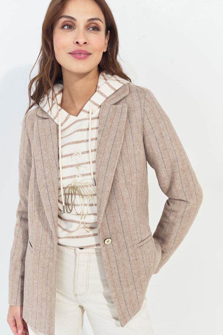 VICKI - Veste beige lainage fantaisie motif chevrons rayé