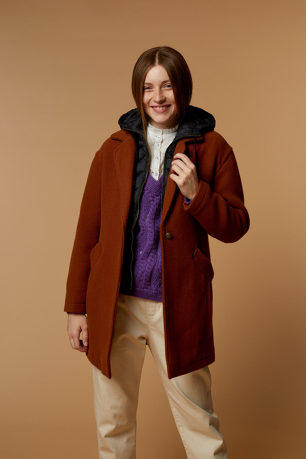 DEW - Manteau caramel en lainage avec parmenture doudoune amovible
