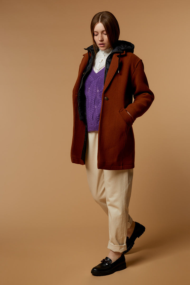 DEW - Manteau caramel en lainage avec parmenture doudoune amovible