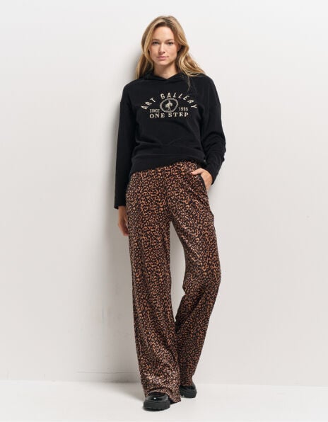 PADEN - Pantalon noir panne de velours imprimé léopard PADEN - Pantalon noir panne de velours imprimé léopard