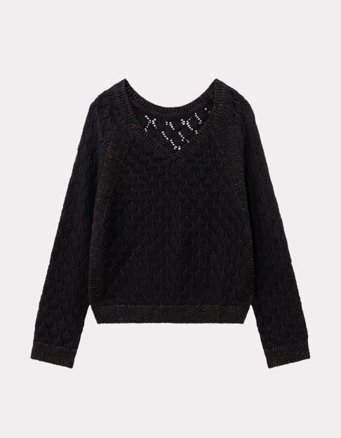 TACEY - Pull noir tricot ajouré réversible devant/dos