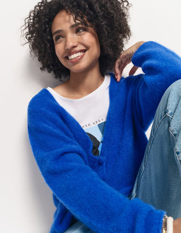 TECK - Cardigan bleu tricot moelleux encolure V-7