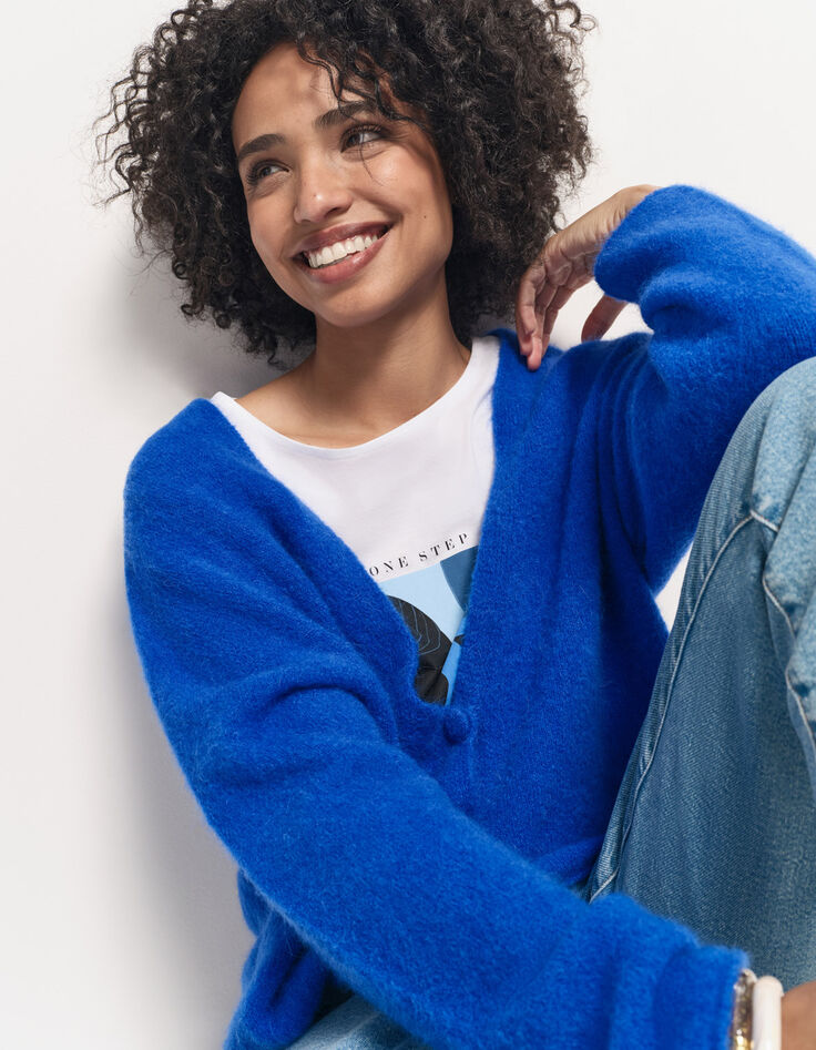 TECK - Cardigan bleu tricot moelleux encolure V-7 TECK - Cardigan bleu tricot moelleux encolure V-7