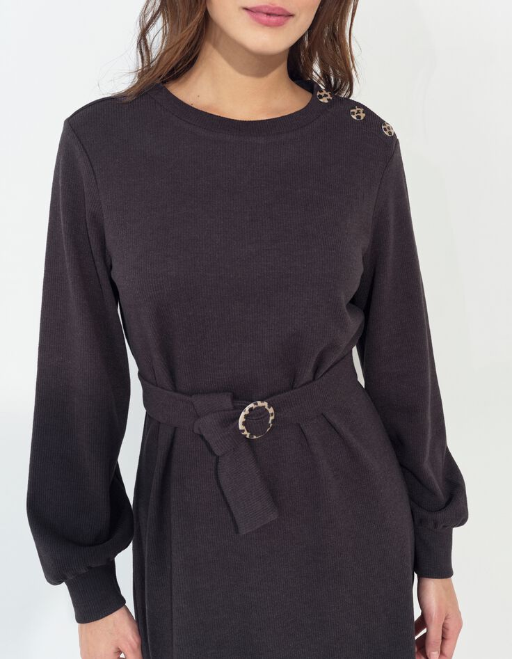 RAVENA - Robe sweat gris fonc&eacute; maille c&ocirc;tel&eacute;e -2