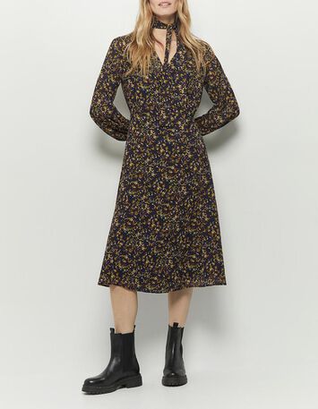 REASON - Robe longue marine à imprimé estampes fleuries-1