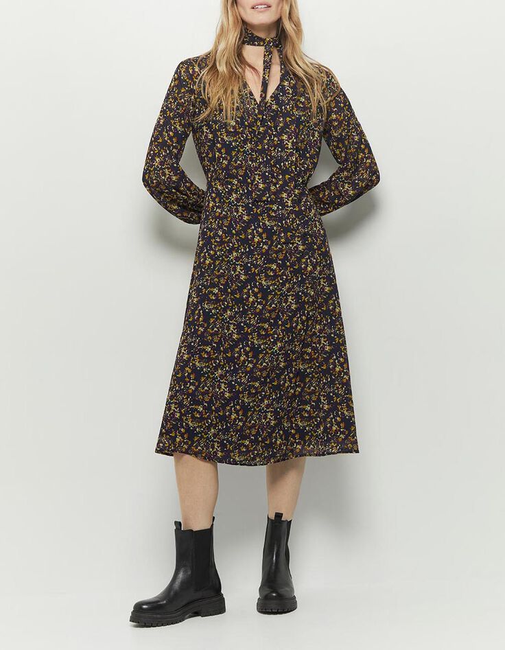 REASON - Robe longue marine à imprimé estampes fleuries-1