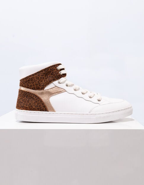 O.QUEEN - Tennis montantes blanc, doré, motif léopard cuir - One Step