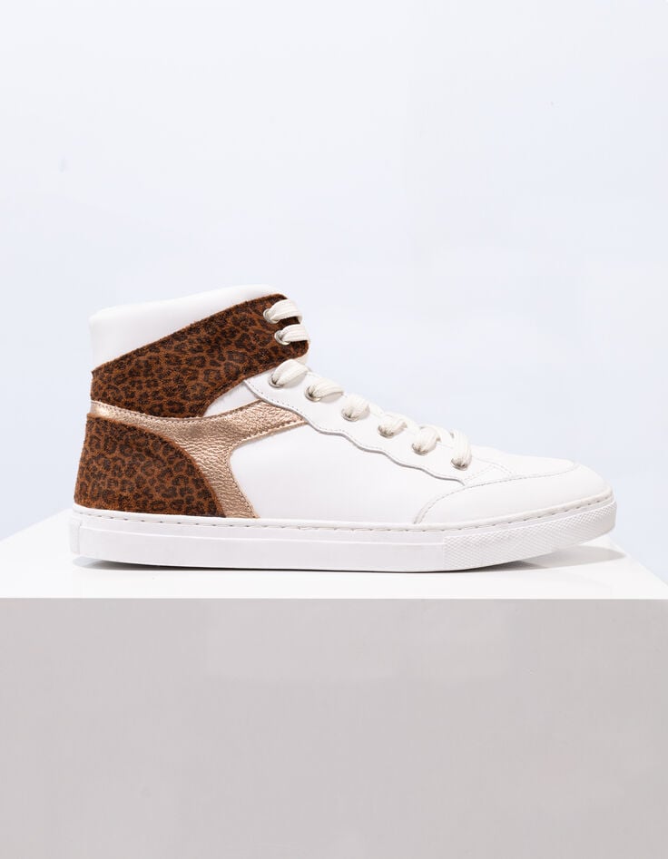 O.QUEEN - Tennis montantes blanc, doré, motif léopard cuir-1