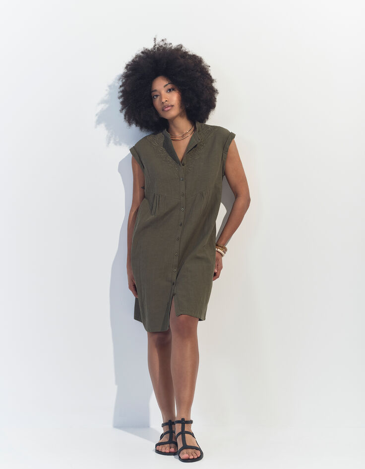 RONDONIA - Robe kaki coton lin broderies placées -2