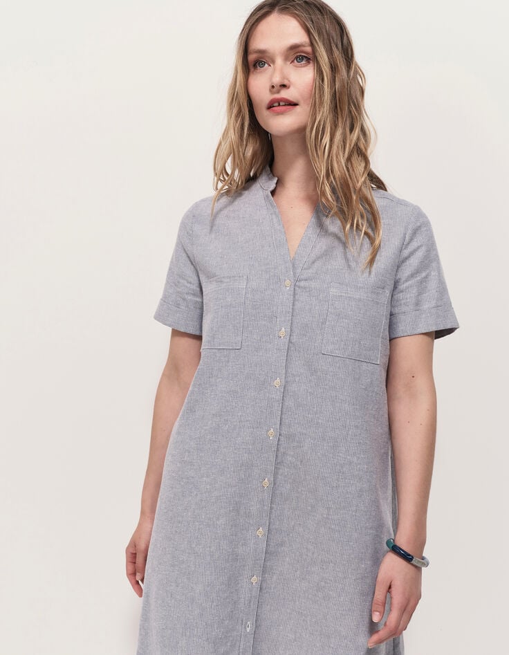 RESEDA - Robe chemise bleue motif rayures fantaisie-2
