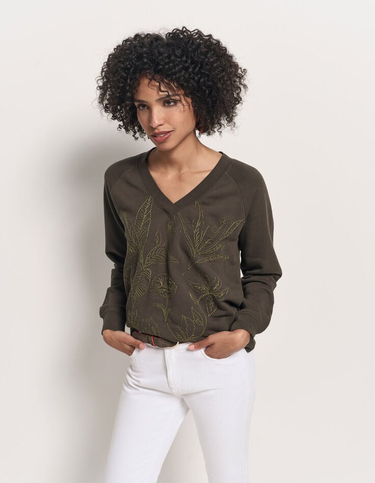 MEZZIA - Sweat kaki encolure V broderies fleurs-1 MEZZIA - Sweat kaki encolure V broderies fleurs-1