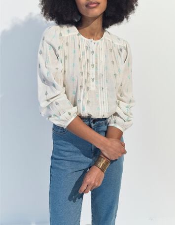 CACILDA - Blouse blanche broderies feuilles et rayures-1