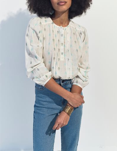 CACILDA - Blouse blanche broderies feuilles et rayures - One Step