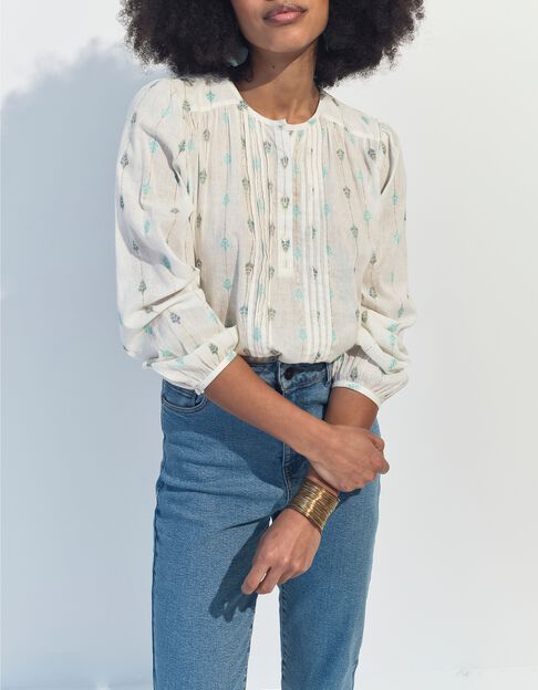 CACILDA - Blouse blanche broderies feuilles et rayures - One Step