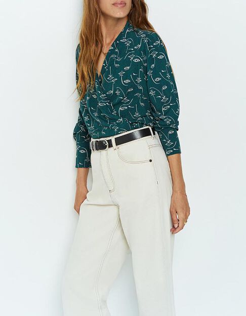 CANNELLE - Blouse vert cèdre à imprimé visages - One Step