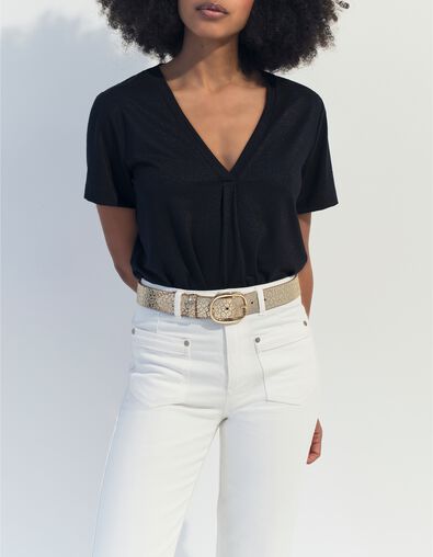 MARCIA - T-shirt noir encolure V maille iris&eacute;e  - One Step