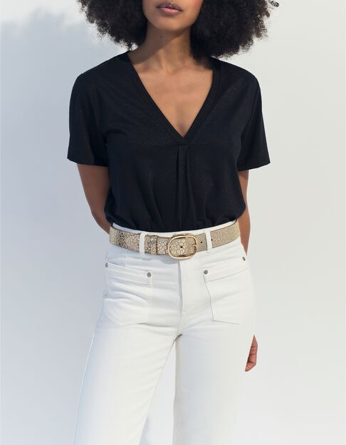 MARCIA - T-shirt noir encolure V maille iris&eacute;e  - One Step