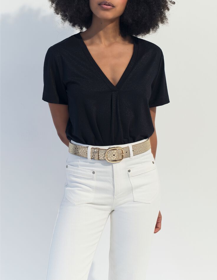 MARCIA - T-shirt noir encolure V maille iris&eacute;e -1