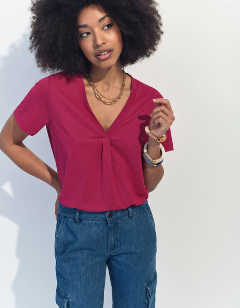 MARCIA - T-shirt rouge encolure V maille irisée  - One Step