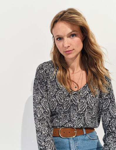 TOKAY - Pull noir tricot motif néo cachemire  - One Step