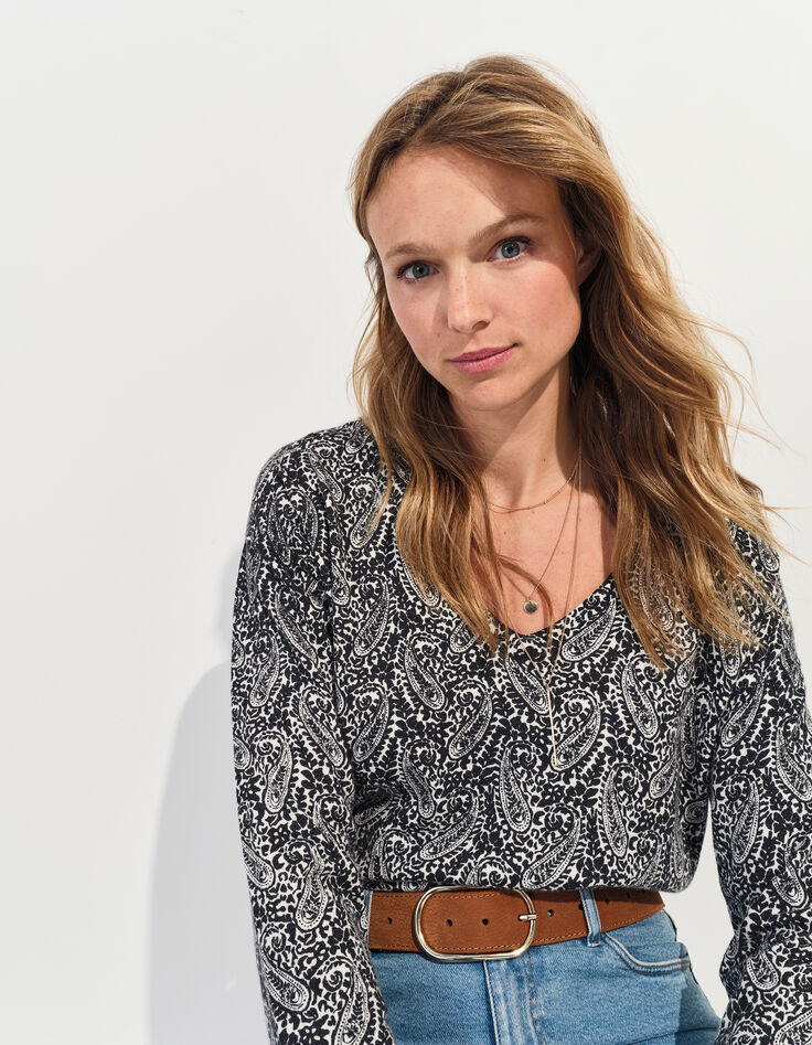 TOKAY - Pull noir tricot motif néo cachemire -2