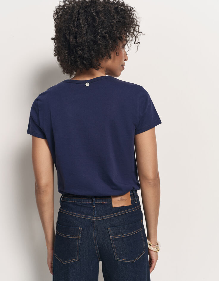 MANIA - T-shirt bleu marine coton bio message rose-3