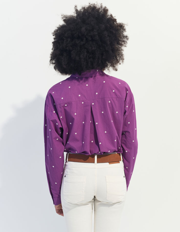 CELESTE - Chemise violet broderies petits carrés écrus -2
