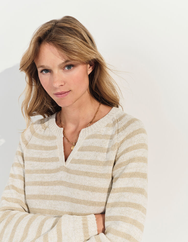 TERESA - Pull blanc tricot motif rayures lurex beige -1
