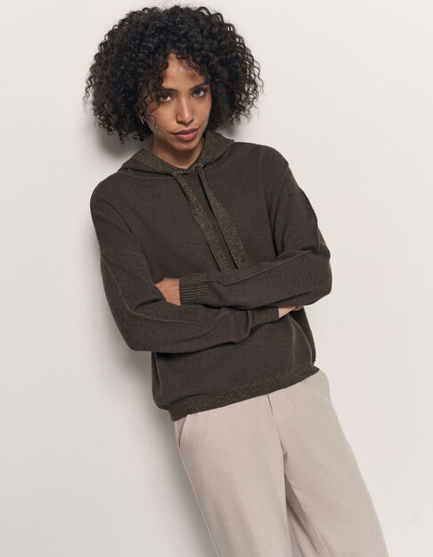 TIMON - Pull kaki à capuche tricot bordé lurex - One Step