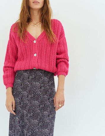 THEORY - Cardigan rose fuchsia en tricot fantaisie-1