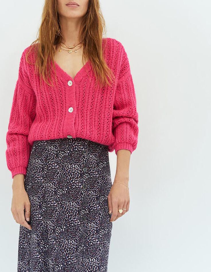 THEORY - Cardigan rose fuchsia en tricot fantaisie-1
