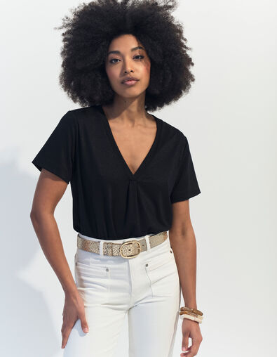 MARCIA - T-shirt noir encolure V maille irisée  - One Step