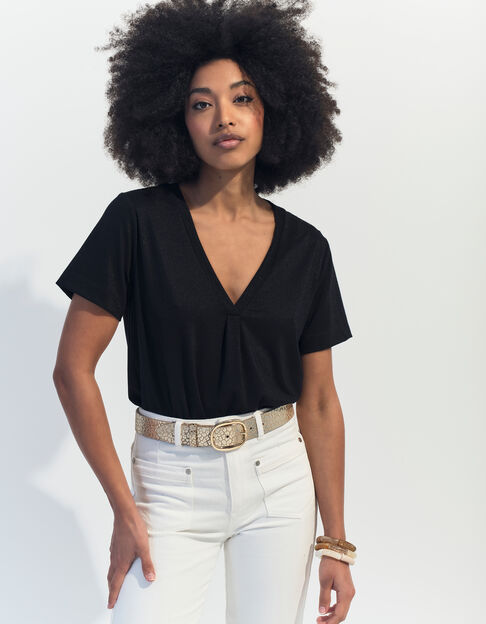 MARCIA - T-shirt noir encolure V maille irisée  - One Step