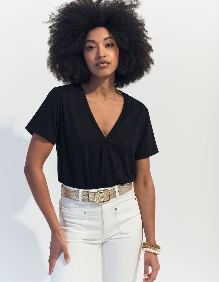 MARCIA - T-shirt noir encolure V maille irisée -1