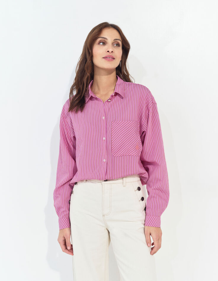 CELESTE - Chemise rose à motif fines rayures -1