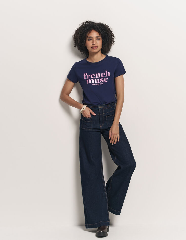 MANIA - T-shirt bleu marine coton bio message rose-2