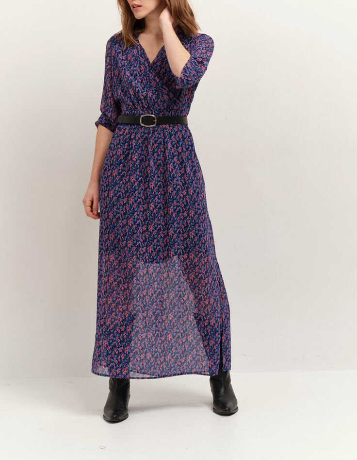 RAVNA - Robe longue marine à imprimé bouquet graphique-2