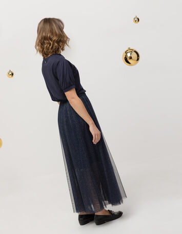 JANICE - Jupe midi marine tulle pailleté-5