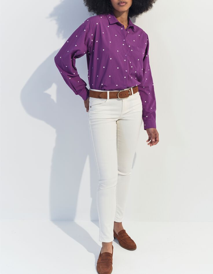 CELESTE - Chemise violet broderies petits carr&eacute;s &eacute;crus -5