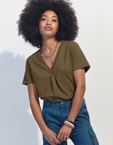 MARCIA - T-shirt kaki encolure V maille irisée  - One Step