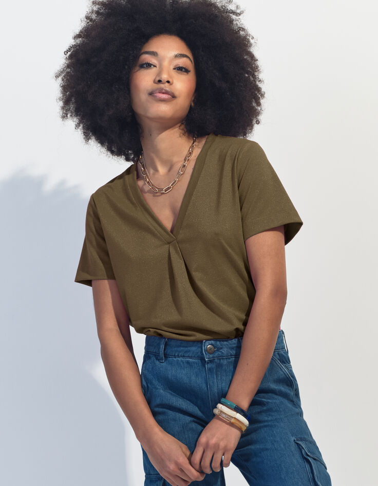 MARCIA - T-shirt kaki encolure V maille irisée -1