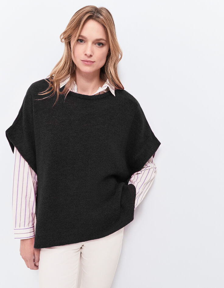 ADA - Poncho noir tricot boutons côtés-1