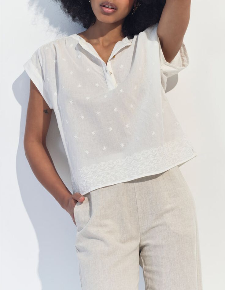 CONOR - Top blanc upcycl&eacute; broderies &eacute;toiles -1